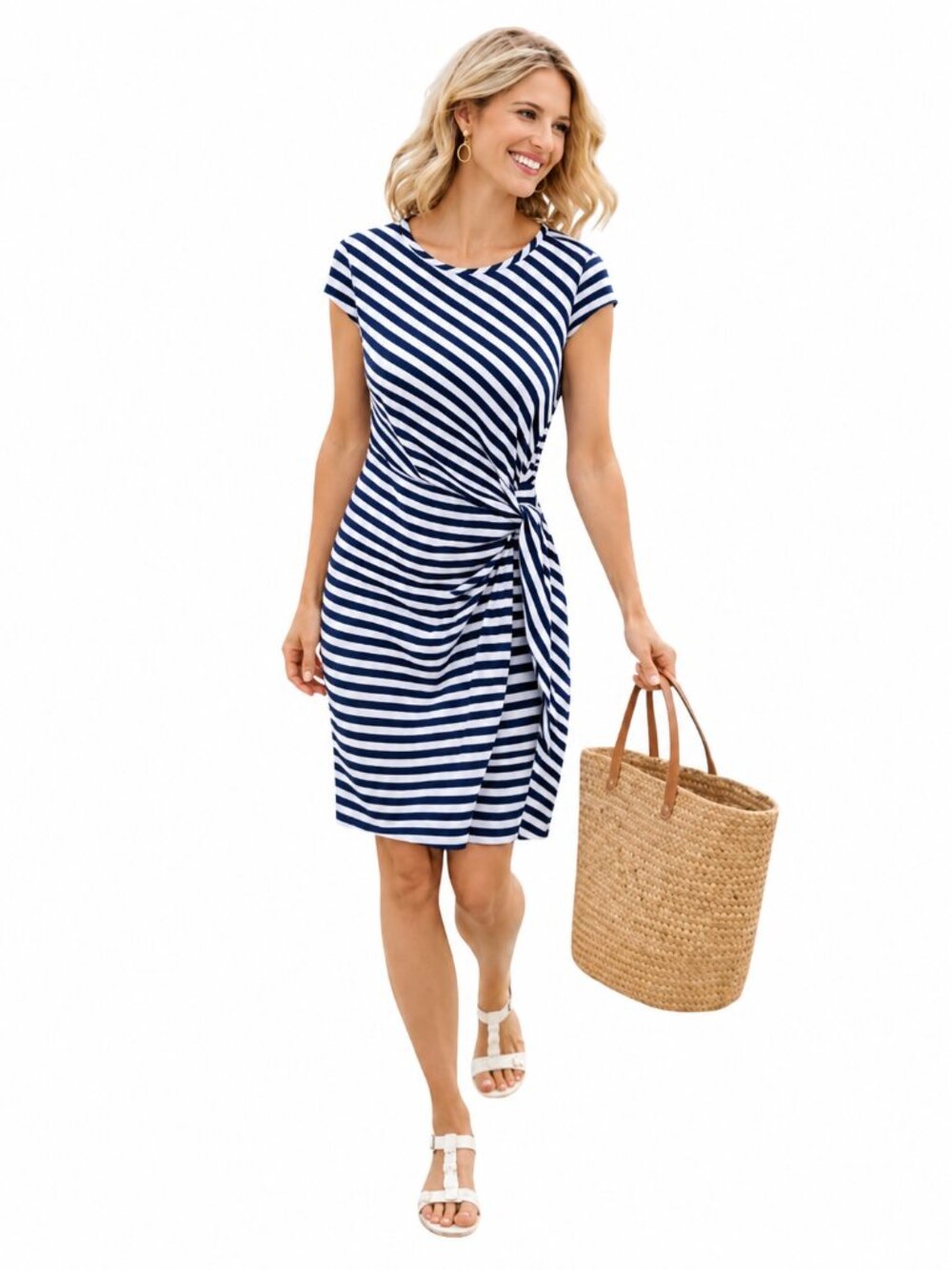 J. McLaughlin Elora Dress Stripe Blue White Catalina Cloth Side Tie Waist M